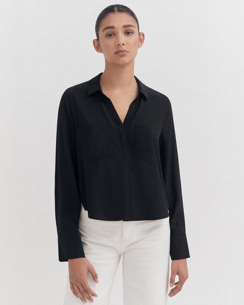 Camisas Cuyana Silk Pocket Front Cropped Mujer Negras | WXD4957FA