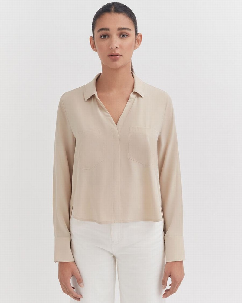 Camisas Cuyana Silk Pocket Front Cropped Mujer Marrones | UMX92100TX