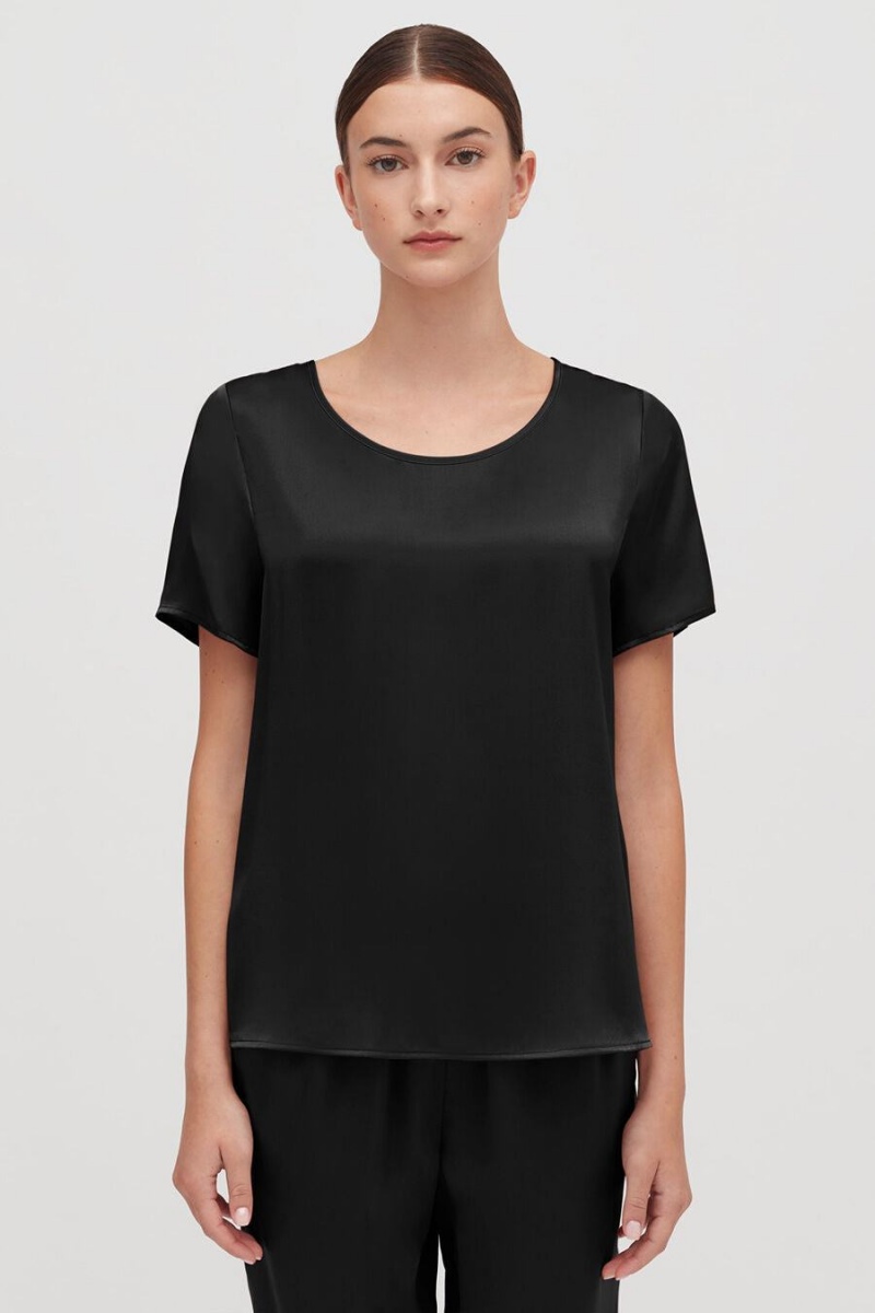 Camiseta Cuyana Washable Charmeuse High-Low Top Mujer Negras | SAU2445FQ