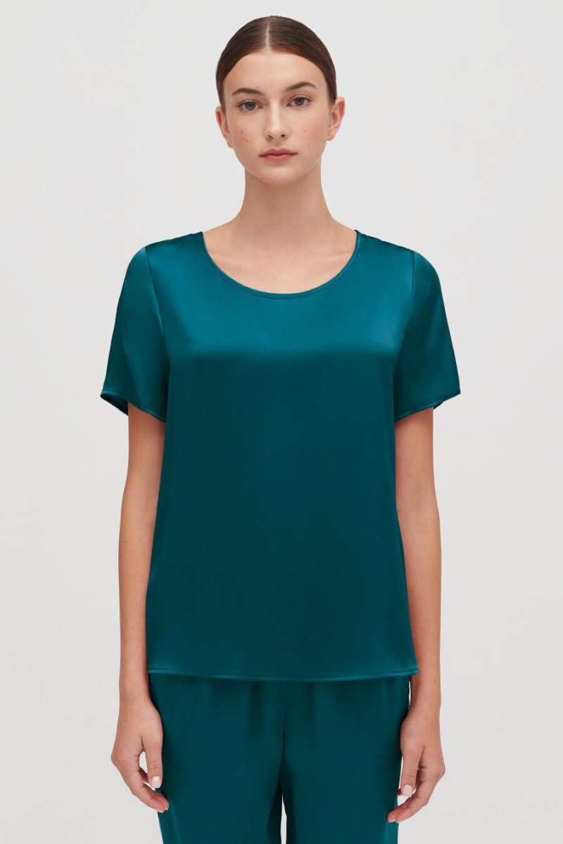 Camiseta Cuyana Washable Charmeuse High-Low Top Mujer Azules | ZHN495DI