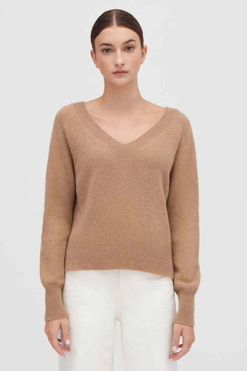 Suéteres Cuyana Recycled Cashmere Deep V-Neck Mujer Marrones | AVS7149DX