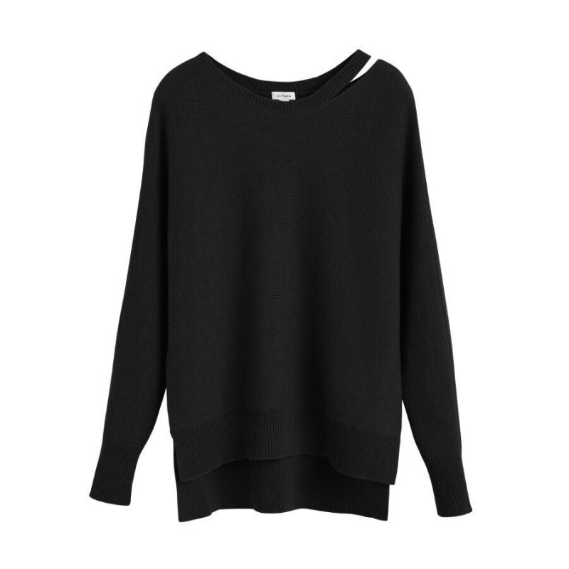 Suéteres Cuyana Recycled Cashmere Split-Neck Mujer Negras | EVY8035XY