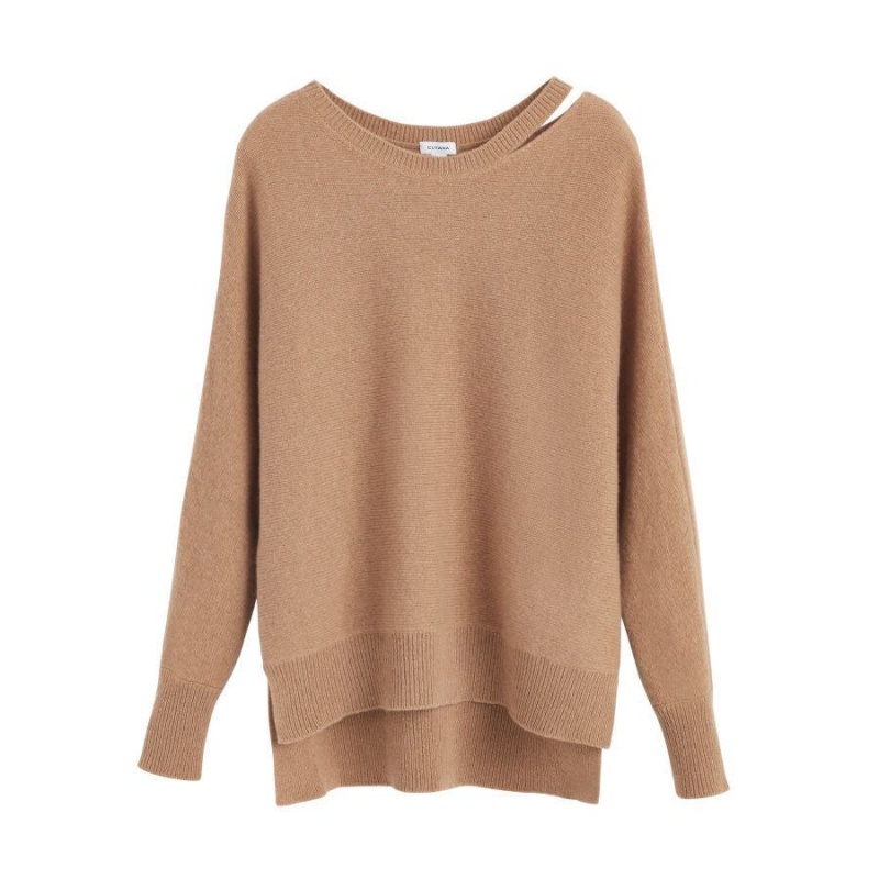 Suéteres Cuyana Recycled Cashmere Split-Neck Mujer Marrones | TKM659HR